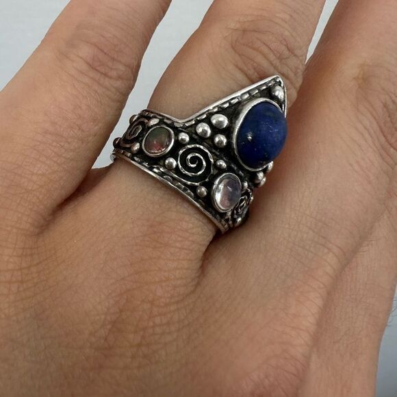 Vintage Sterling Silver 925 Moonstone & Lapis Unusual Intricate Ring Size 5.5 - Picture 5 of 14